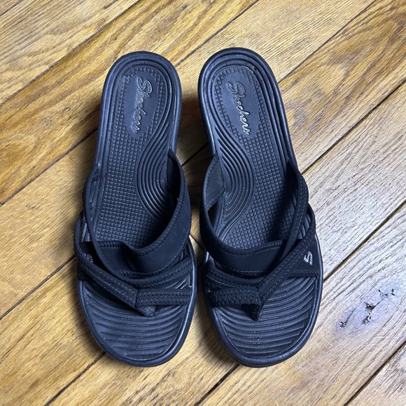 Skechers Shoes - Skechers Womens Black Strappy Platform Wedge Sandals Size 9 Slide On Summer